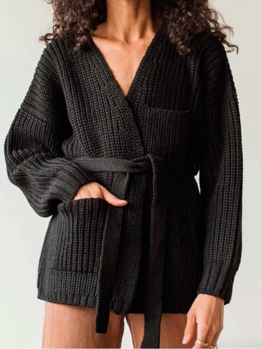 First Rite Wool Ribbed Cozy Wrap Cardigan Sweater - Black Large Like New